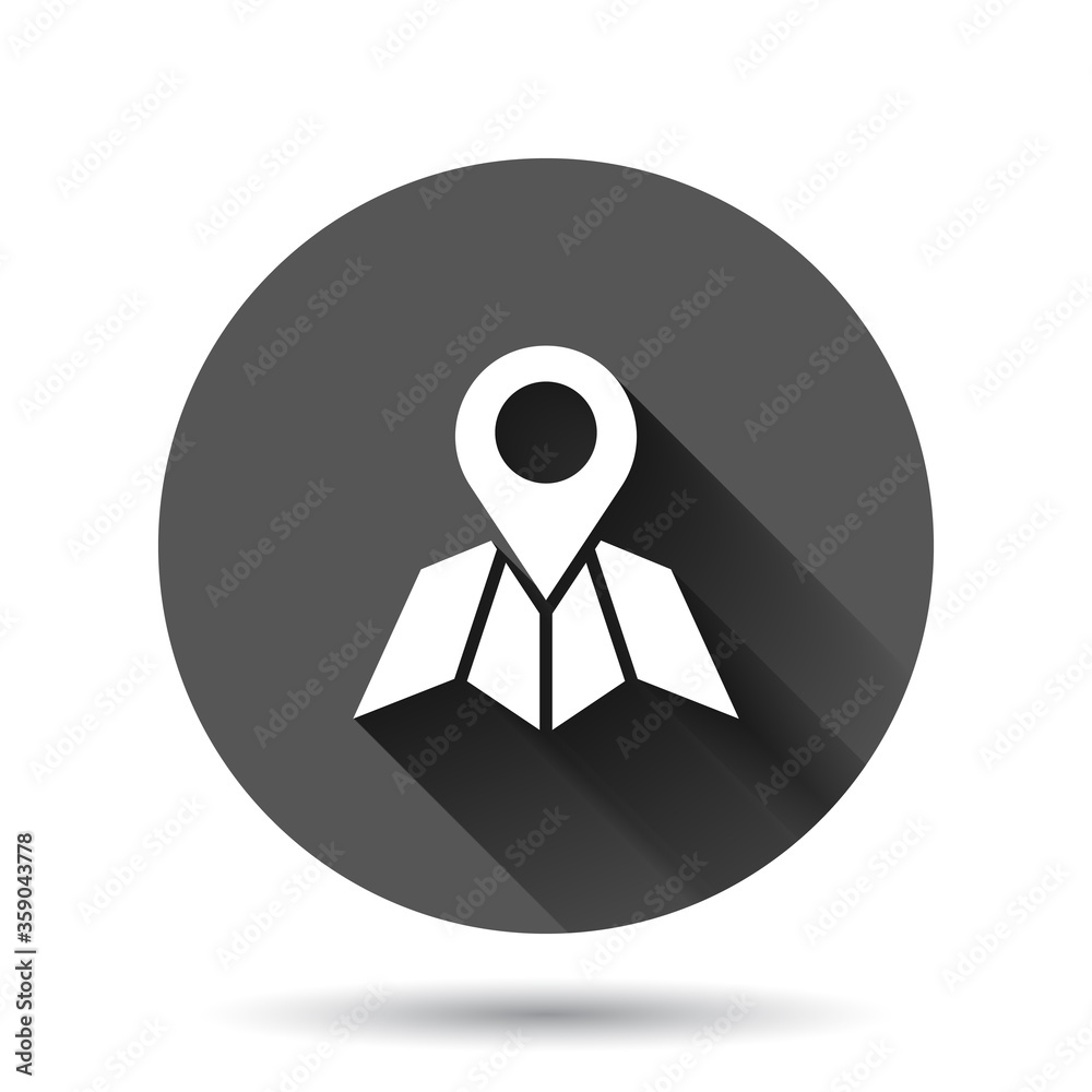 Map pin icon in flat style. gps navigation vector illustration on black round background with long shadow effect. Locate position circle button business concept.