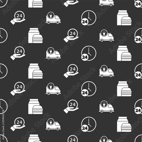 Set Clock 24 hours, Online ordering and burger delivery, Clock 24 hours and Fast delivery by car on seamless pattern. Vector