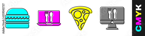 Set Burger, Online ordering and delivery, Slice of pizza and Online ordering and delivery icon. Vector