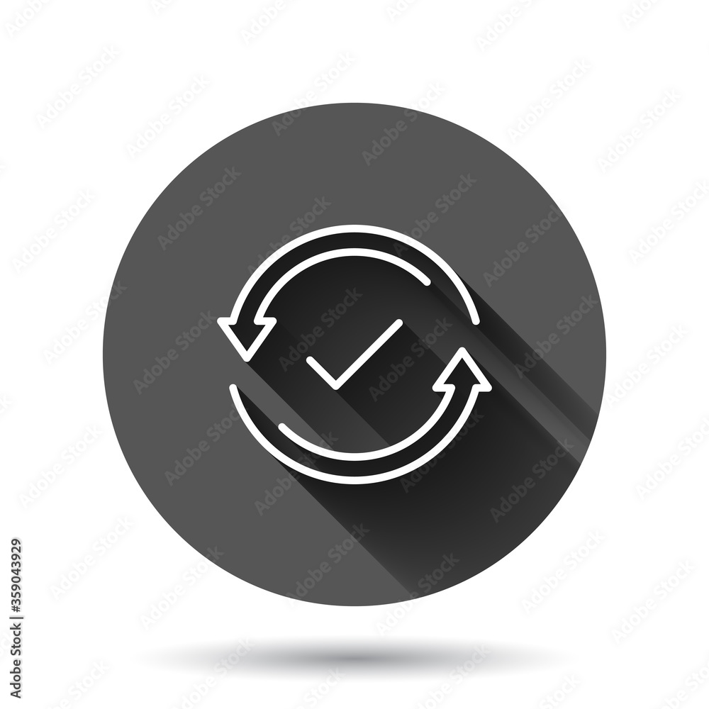 Check mark sign icon in flat style. Confirm button vector illustration on black round background with long shadow effect. Accepted circle button business concept. Check mark sign icon in flat style. Confirm button vector illustration on black round background with long shadow effect. Accepted circle button business concept.