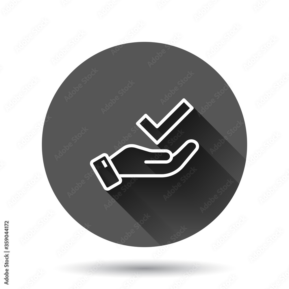 People hand with check mark icon in flat style. Accept vector illustration on black round background with long shadow effect. Approval choice circle button business concept. People hand with check mark icon in flat style. Accept vector illustration on black round background with long shadow effect. Approval choice circle button business concept.