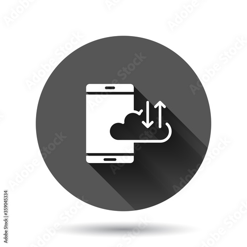 Smartphone with cloud icon in flat style. Phone network storage vector illustration on black round background with long shadow effect. Online backup circle button business concept.