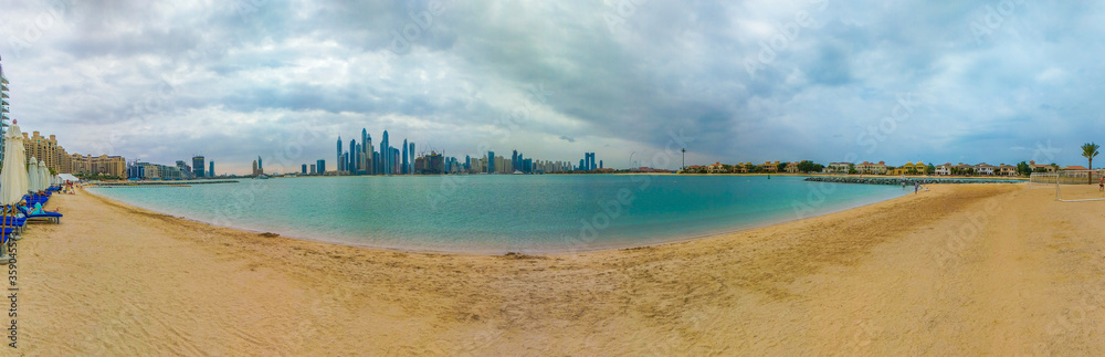Dubai Marina panoramic view from Palm Jumeirah beach, Dubai, United Arab Emirates