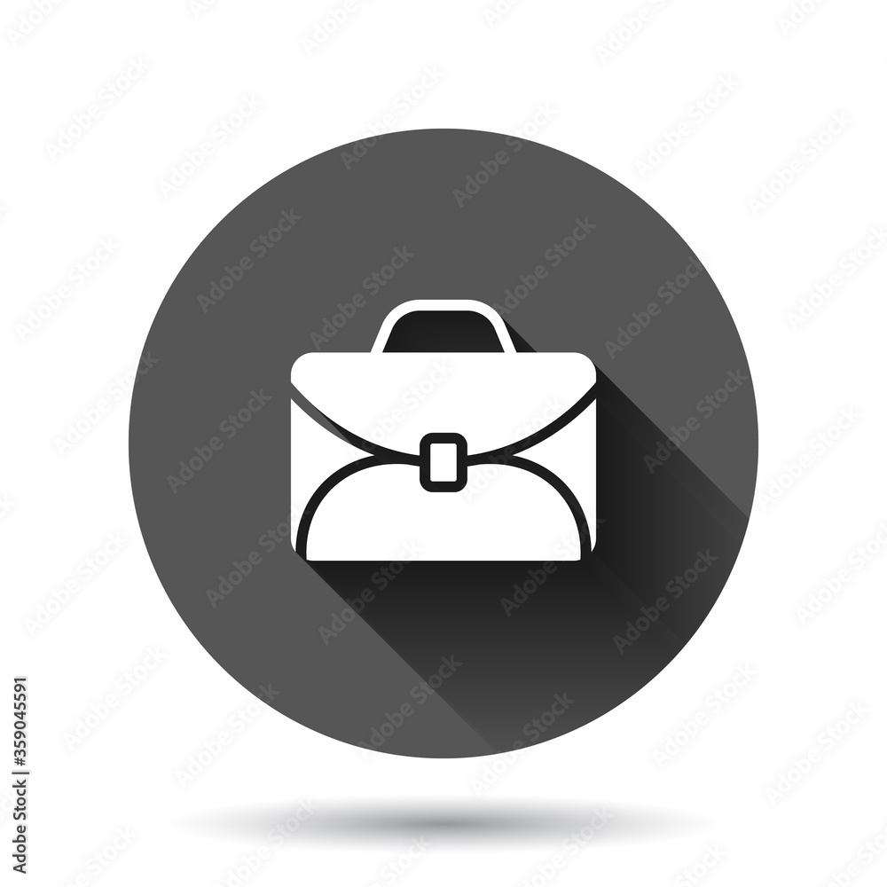 Briefcase icon in flat style. Businessman bag vector illustration on black round background with long shadow effect. Portfolio circle button business concept. Briefcase icon in flat style. Businessman bag vector illustration on black round background with long shadow effect. Portfolio circle button business concept.