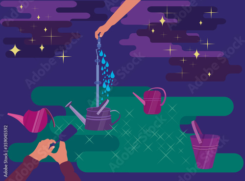 Hand drawn cartoon illustration of gardening, different types of watering cans, bucket, hand turning on water. Vector flat style with magic night. Summer hobby, favourite domestic deal in quarantine