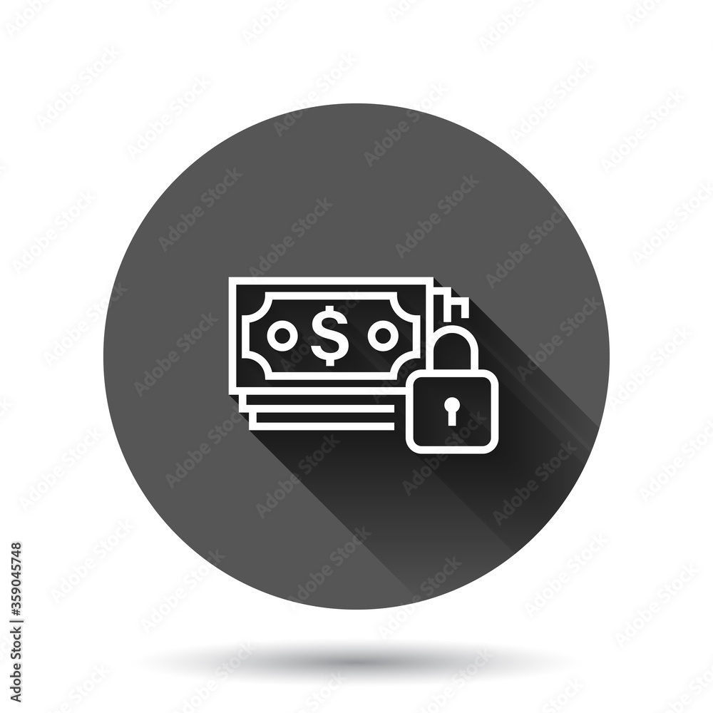 Dollar banknote with lock icon in flat style. Dollar cash safe vector illustration on black round background with long shadow effect. Banknote bill security circle button business concept. Dollar banknote with lock icon in flat style. Dollar cash safe vector illustration on black round background with long shadow effect. Banknote bill security circle button business concept.