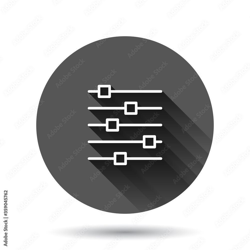 Control volume icon in flat style. Audio adjusting sign vector illustration on black round background with long shadow effect. Filter circle button business concept. Control volume icon in flat style. Audio adjusting sign vector illustration on black round background with long shadow effect. Filter circle button business concept.