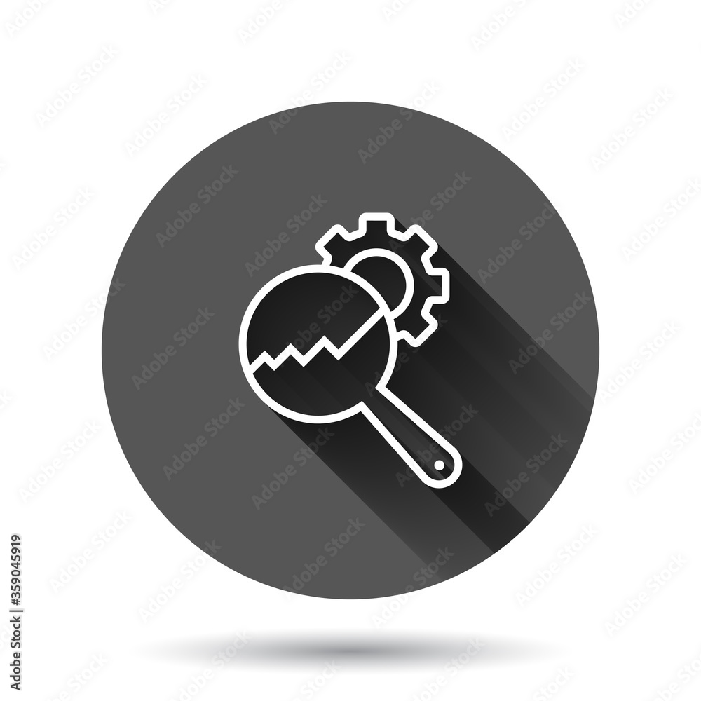 Loupe with gear icon in flat style. Magnifying glass vector illustration on black round background with long shadow effect. Seo exploration circle button business concept. Loupe with gear icon in flat style. Magnifying glass vector illustration on black round background with long shadow effect. Seo exploration circle button business concept.