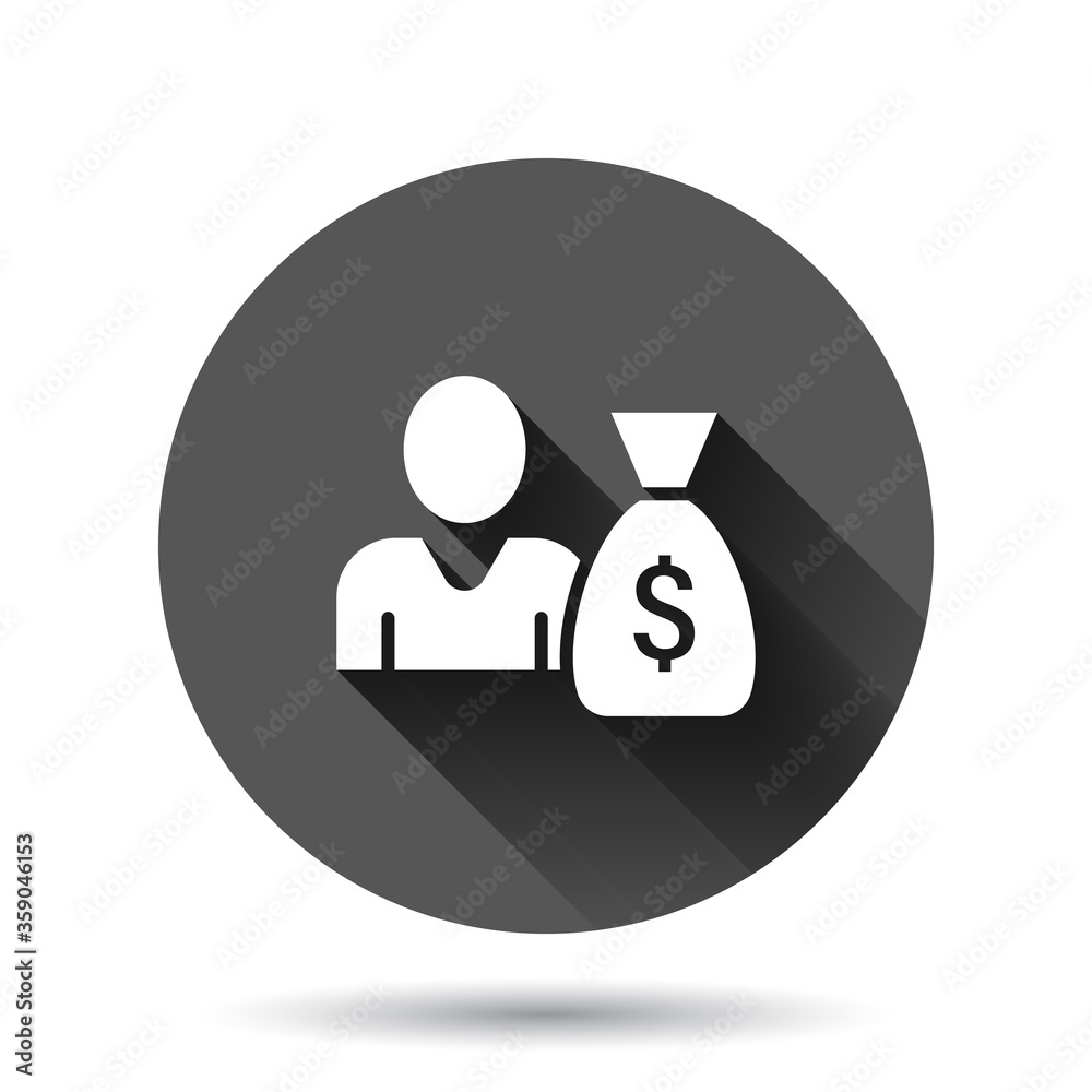 People with money bag icon in flat style. Businessman bag vector illustration on black round background with long shadow effect. Bank circle button business concept. People with money bag icon in flat style. Businessman bag vector illustration on black round background with long shadow effect. Bank circle button business concept.