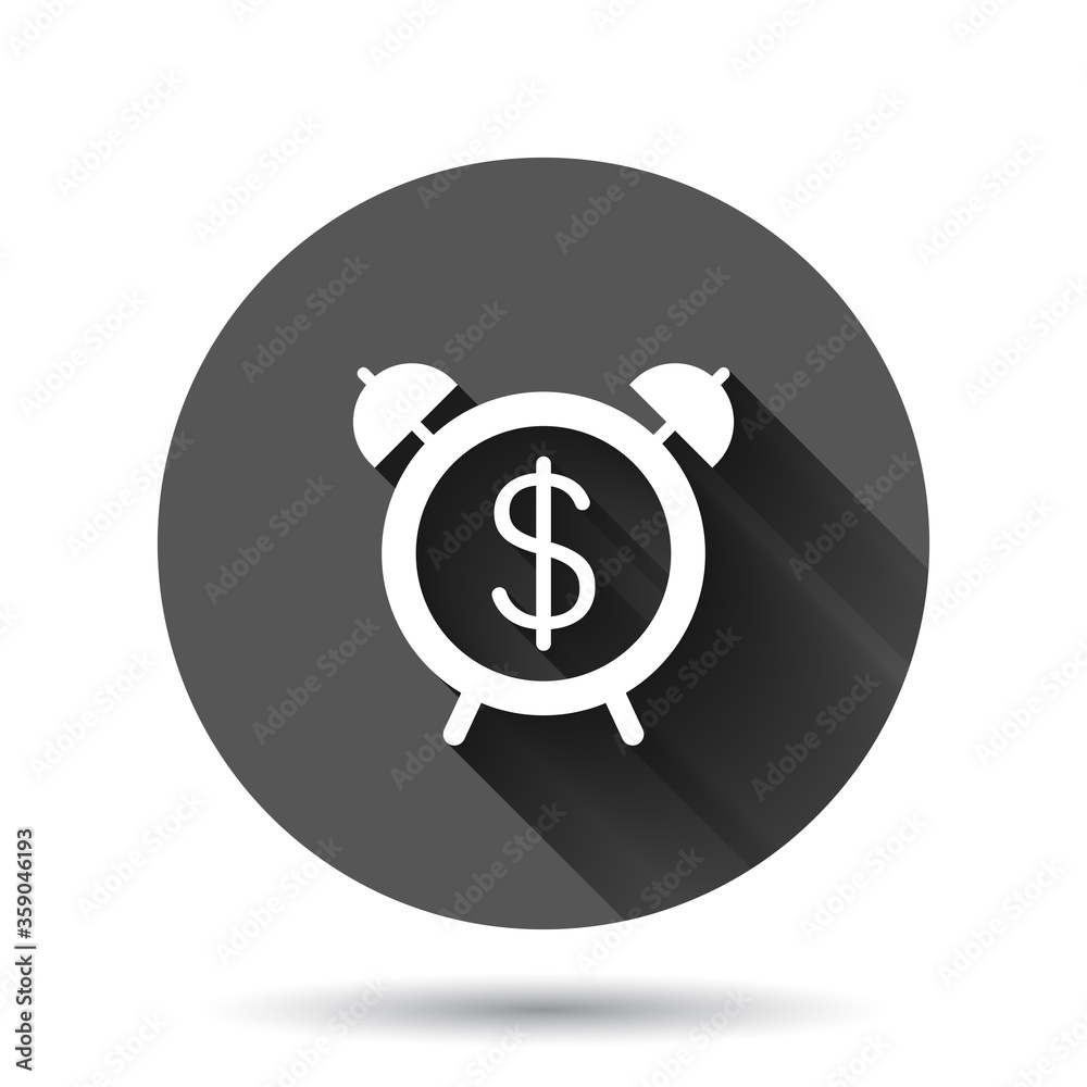 Time is money icon in flat style. Clock with dollar vector illustration on black round background with long shadow effect. Currency circle button business concept. Time is money icon in flat style. Clock with dollar vector illustration on black round background with long shadow effect. Currency circle button business concept.