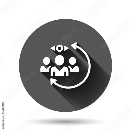 People surveillance icon in flat style. Search human vector illustration on black round background with long shadow effect. Partnership circle button business concept.
