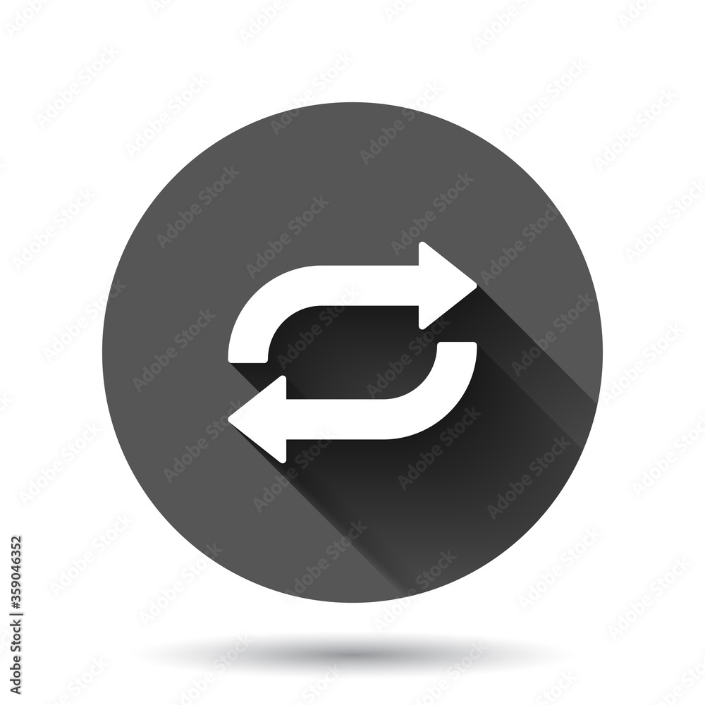 Arrow rotation icon in flat style. Sync action vector illustration on black round background with long shadow effect. Refresh button circle business concept. Arrow rotation icon in flat style. Sync action vector illustration on black round background with long shadow effect. Refresh button circle business concept.