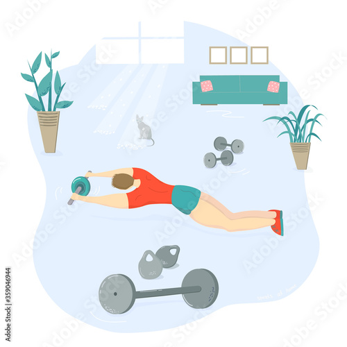 Various types of exercises for men. Classes with dumbbells, a kettlebell, with a barbell, with a wheel for the press, on the horizontal bar, push-ups. The concept of supporting a healthy lifestyle. Ke