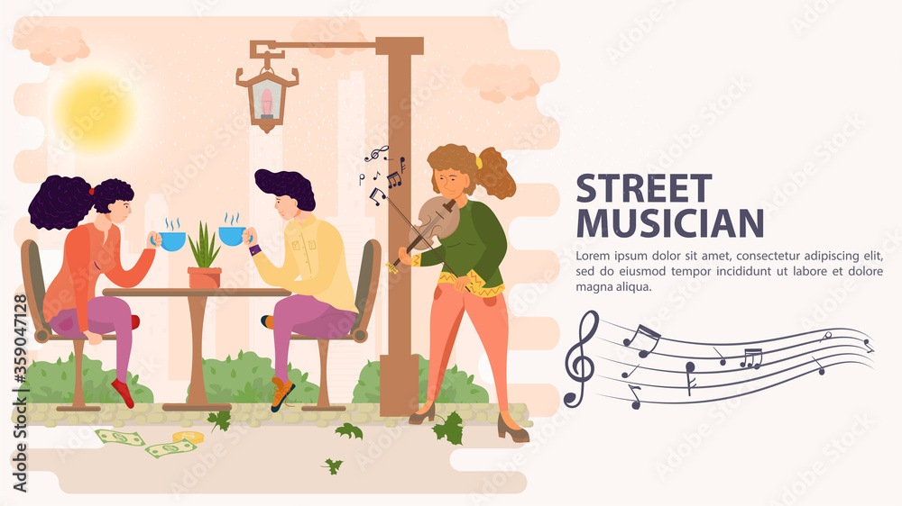 Fototapeta premium Banner street musician Girl playing the violin for a couple who are sitting at a table and drinking a drink tea flat vector illustration cartoon