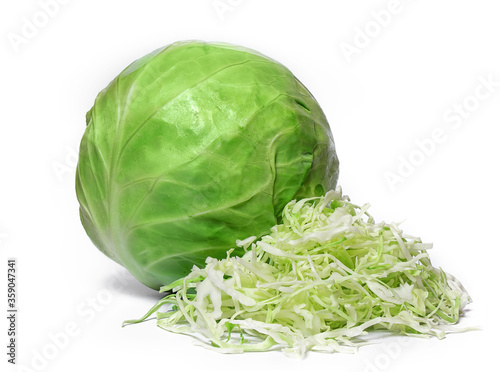 white cabbage whole and cut on white background