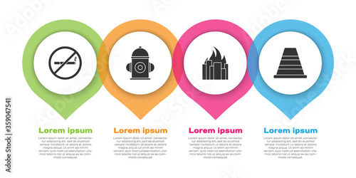 Set No Smoking, Fire hydrant, Fire in burning buildings and Traffic cone. Business infographic template. Vector