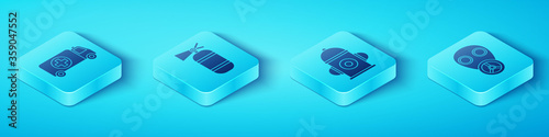 Set Isometric Ambulance and emergency car, Fire extinguisher, Gas mask and Fire hydrant icon. Vector