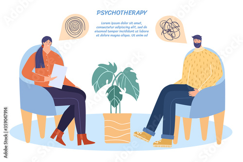 A session of psychotherapy. The psychologist advises the patient. Vector illustration with place for your text.