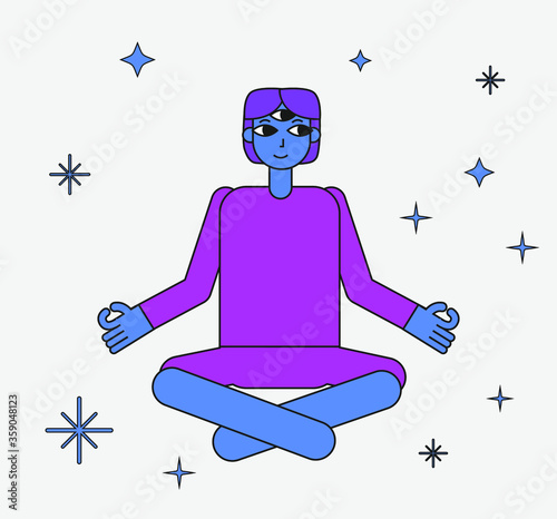 Three-Eyed enlightened Cartoon personage doing yoga practice and meditation. Character design in minimal simple flat style.