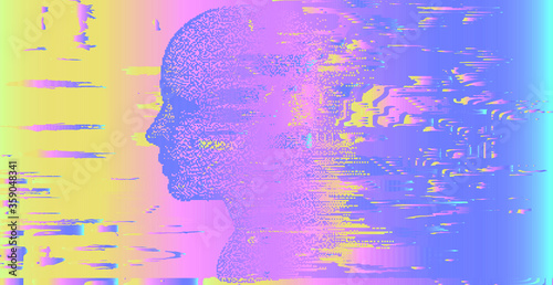 Cyberpunk and vaporwave style illustration with glitch texture and head silhouette.