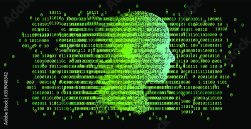 Human head made of particles on binary code background. Cyberpunk style illustration.