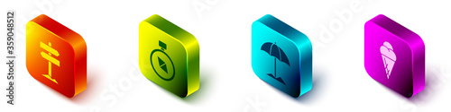 Set Isometric Road traffic signpost, Compass, Sun protective umbrella for beach and Ice cream in waffle cone icon. Vector