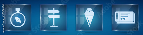 Set Compass, Road traffic signpost, Ice cream in waffle cone and Travel ticket. Square glass panels. Vector
