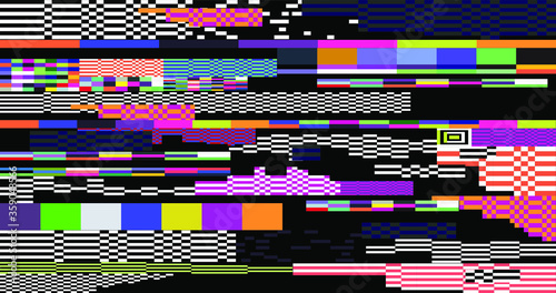 Glitched screen with random colorful pixel noise pattern. Vaporwave and webpunk style background.