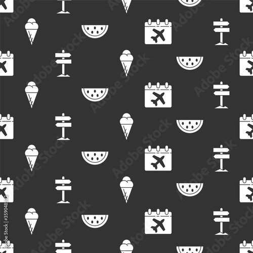 Set Calendar and airplane, Road traffic signpost, Ice cream in waffle cone and Watermelon on seamless pattern. Vector