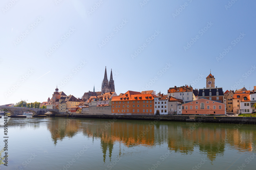 Cityscape of Regensburg with river danube and church