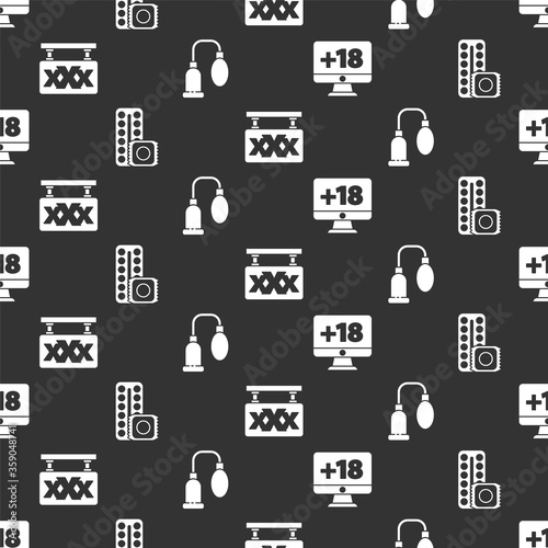Set Monitor with 18 plus content, Birth control pills and condom, Sex shop and Penis pump on seamless pattern. Vector