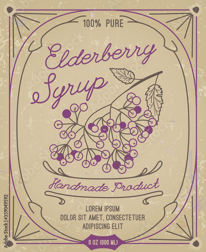 Elderberry Syrup label on kraft paper in Art Nouveau style. Editable stroke