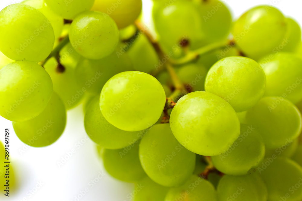 Green ripe grapes macrophotography on a white background Green ripe grapes macrophotography on a white background