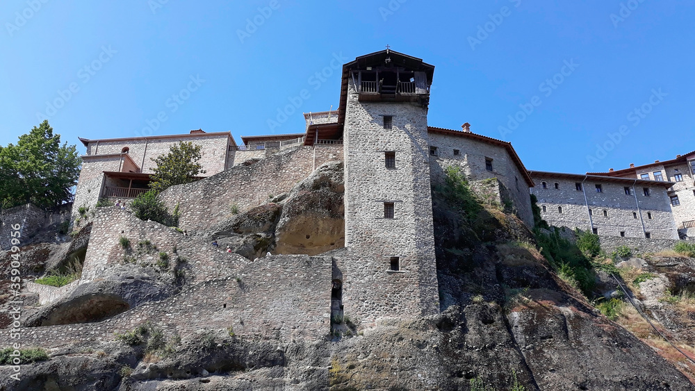 Holy Monastery of Great Meteoron, Greece, summer 2019. It is located in Meteora where the monasteries are on top of gigantic rocks. Greece's famous tourist destination with picturesque landscapes