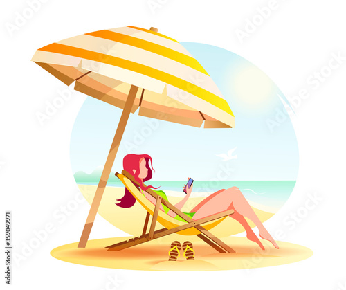 Woman sitting in the sun lounger under a sunshade. Isolated vector Illustration for Beach Holidays, Summer vacation, Leisure, Recreation, Tourism.