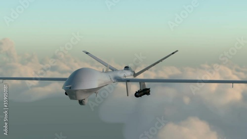 MQ1 Predator Type Drone. American military drone. Fly in clouds. Wonderfull sunset. Realistic CG 3d animation photo