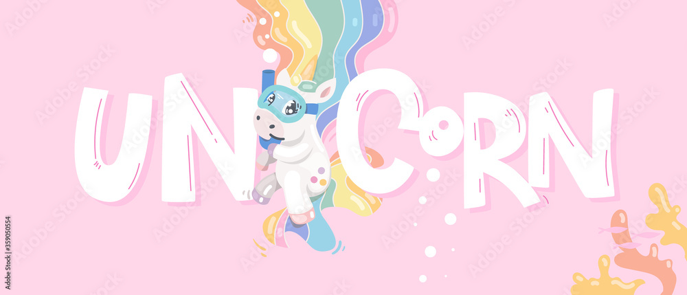 Baby dive unicorn character and inscription on the pink background