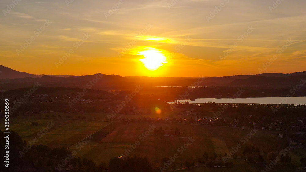 Amazing Sunset in the German Alps in Bavaria - aerial drone footage