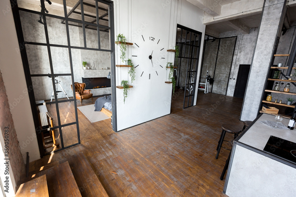 luxury studio apartment with a free layout in a loft style in dark ...