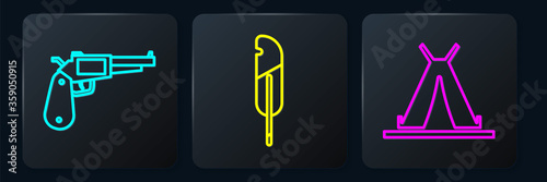 Set line Revolver gun, Indian teepee or wigwam and Feather pen. Black square button. Vector