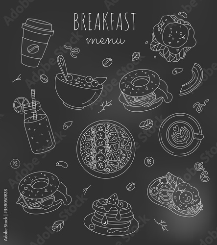 Set of breakfast food illustrations with editable stroke on the blackboard. Healthy menu design in black and white colors 