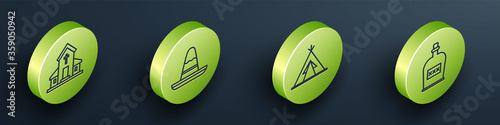 Set Isometric Church building, Mexican sombrero hat, Indian teepee or wigwam and Alcohol drink Rum bottle icon. Vector