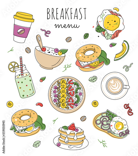 Set of morning food illustrations with editable stroke. Healthy breakfast menu design 