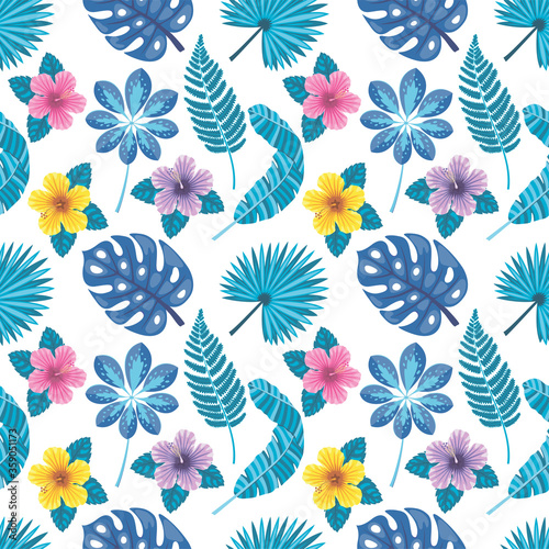 Seamless colourful pattern with different tropical plowers and leafs. Vector illustration.
