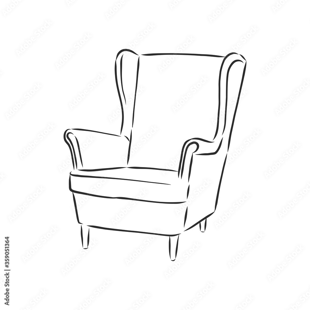 Sketch chair in linear style, outline drawing in black on a white background. Upholstered furniture for sitting, relaxing. Silhouette. vector. upholstered chair, vector sketch illustration Sketch chair in linear style, outline drawing in black on a white background. Upholstered furniture for sitting, relaxing. Silhouette. vector. upholstered chair, vector sketch illustration