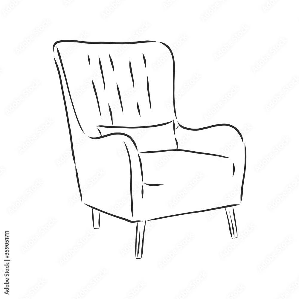 Sketch chair in linear style, outline drawing in black on a white background. Upholstered furniture for sitting, relaxing. Silhouette. vector. upholstered chair, vector sketch illustration Sketch chair in linear style, outline drawing in black on a white background. Upholstered furniture for sitting, relaxing. Silhouette. vector. upholstered chair, vector sketch illustration