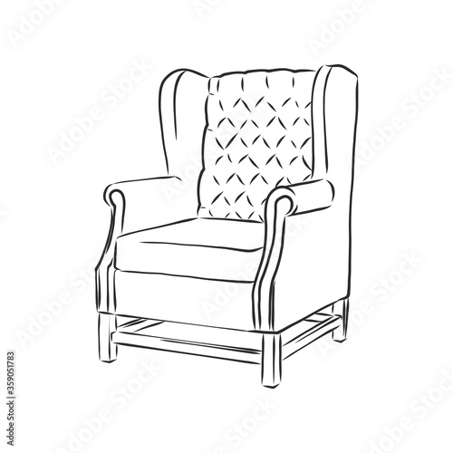 Sketch chair in linear style, outline drawing in black on a white background. Upholstered furniture for sitting, relaxing. Silhouette. vector. upholstered chair, vector sketch illustration