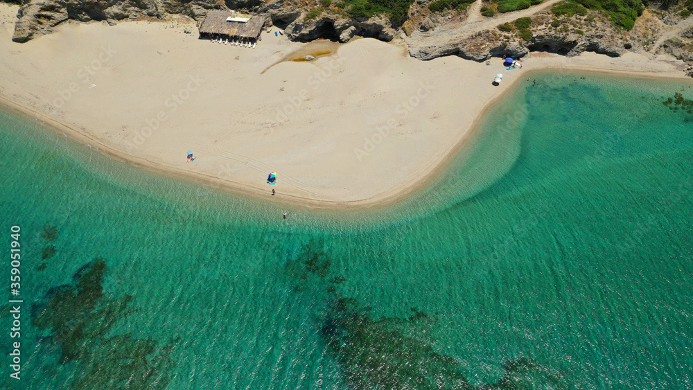 Aerial drone photo of famous big sand emerald sea beach or Megali Amos ...