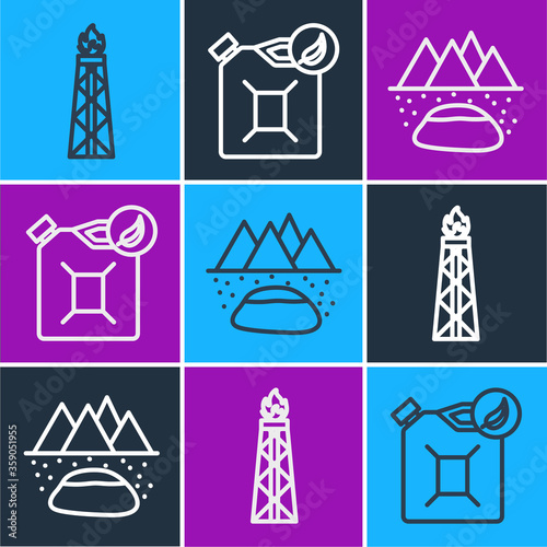 Set line Oil rig with fire, Oilfield and Bio fuel canister icon. Vector