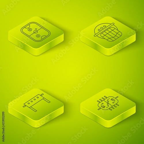 Set Isometric Hockey helmet, Hockey table, Hockey table and Air hockey table icon. Vector